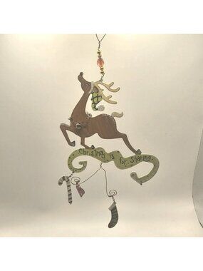 Painted Metal Reindeer Ornament Christmas Decoration With Hanging Charms & Beads